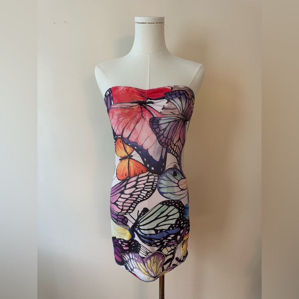 Butterfly Print Strapless Dress